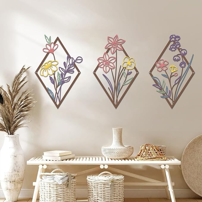 ShxTrade 3 Pcs Metal Flowers Wall Arts, Rustic Farmhouse Decor Minimalist Flower Wall Decors Natural Themed Home Decorations for Bathroom Kitchen Living Room Bedroom (Purple)