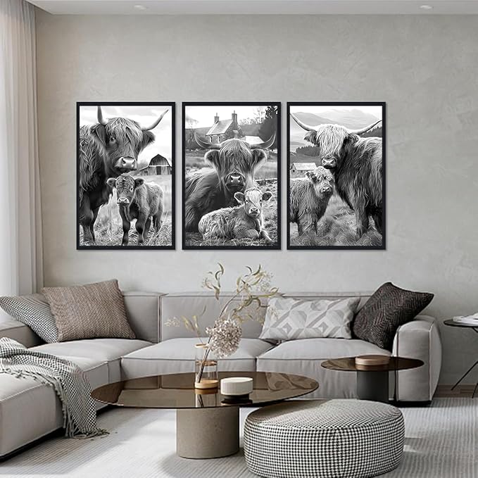 Vintage Scottish Cow Family Canvas Wall Art Rustic Highland Cow & Calf Poster Wall Decor Black White Western Farm Animals Artwork for Apartment Bedroom Country Decoration 24x36inchx3pcs,Framed