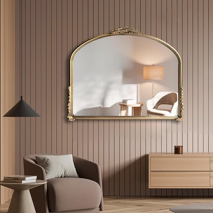 OUSHUAI Gold Vintage Wall Mirror,Antique Wide Mirror Decor,Arched Big Mirror for Entryway/Bathroom/Fireplace 37"X29"