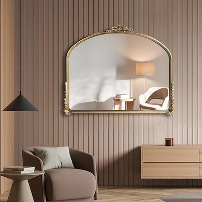 OUSHUAI Gold Vintage Wall Mirror,Antique Wide Mirror Decor,Arched Big Mirror for Entryway/Bathroom/Fireplace 37"X29"