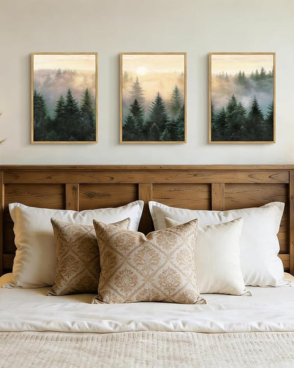 Drsoum Green Fog Pine Tree Landscape Wall Art Framed Nature Misty Nordic Forests Prints Morden Farmhouse Rustic Artwork Hallway Bedroom Ready to Hang 11x14in Natural Framed