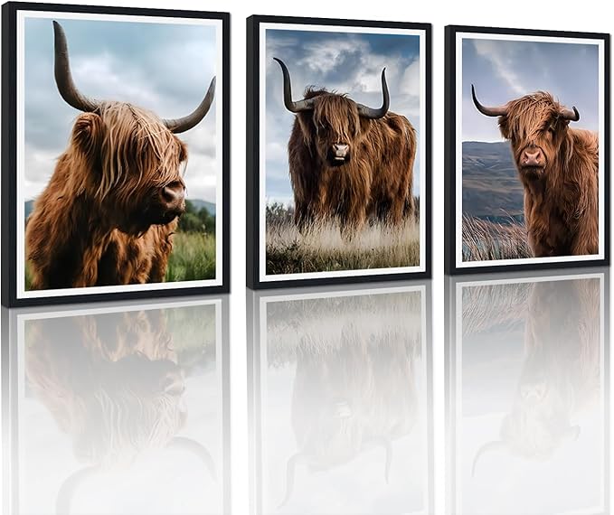 Highland Cow 3 Plane Framed Canvas Wall Art Rustic Cow Decor for Country House Apartment Living Room Vintage Farmhouse Animal Portrait Print Artwork Wall Decor Easy to Hand 12x16inchx3pcs