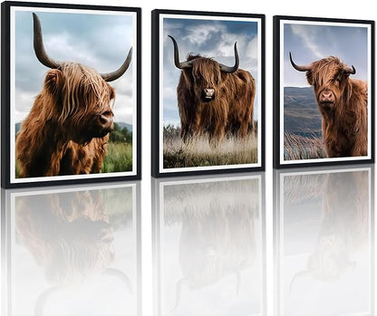Highland Cow 3 Plane Framed Canvas Wall Art Rustic Cow Decor for Country House Apartment Living Room Vintage Farmhouse Animal Portrait Print Artwork Wall Decor Easy to Hand 12x16inchx3pcs