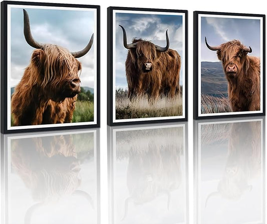Highland Cow 3 Plane Framed Canvas Wall Art Rustic Cow Decor for Country House Apartment Living Room Vintage Farmhouse Animal Portrait Print Artwork Wall Decor Easy to Hand 12x16inchx3pcs
