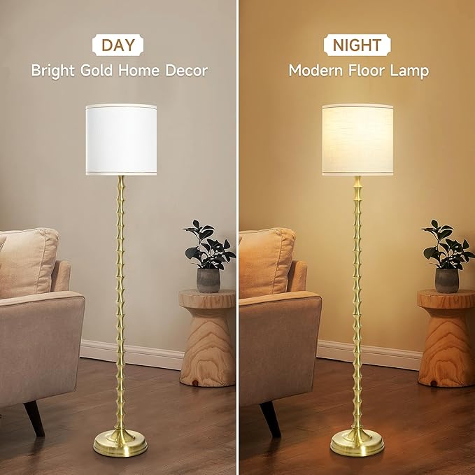 EUO 64.5'' Gold Floor Lamp, Modern Mid-Century Tall Standing Lamp with White Linen Lampshade, Decorative Lighting for Living Room, Bedroom, Office, Dining Room, Corner