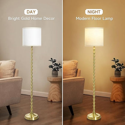 EUO 64.5'' Gold Floor Lamp, Modern Mid-Century Tall Standing Lamp with White Linen Lampshade, Decorative Lighting for Living Room, Bedroom, Office, Dining Room, Corner