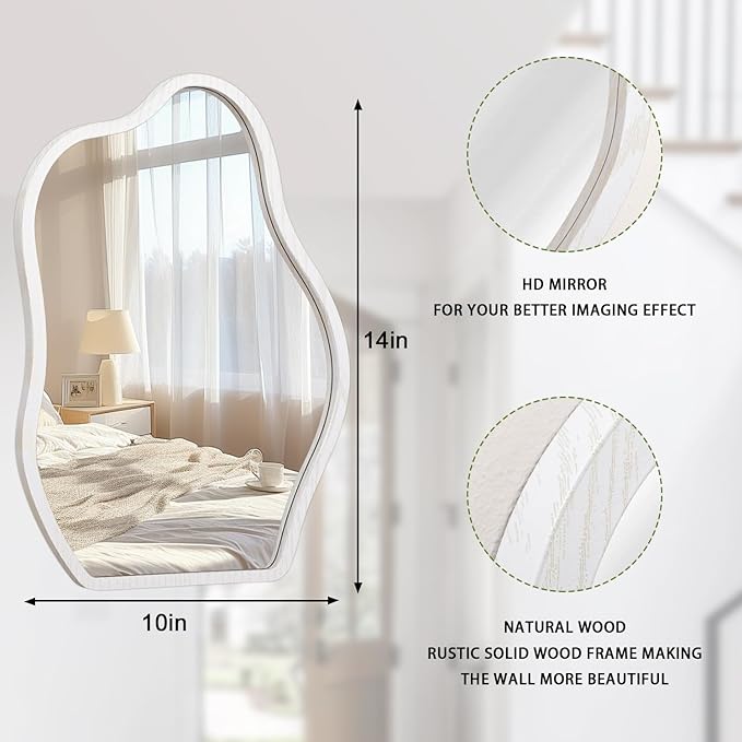 Irregular Mirror for Wall Decor White Modern Asymmetrical Small Mirrors Wooden Framed Hanging Wall Unique Shape Vanity Cloud Mirror Decorative for Living Room Bedroom Bathroom Entryway