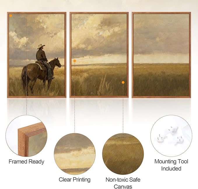 Aurlan Western Cowboy Framed Wall Art(24"x36"), 3PCS Vintage Neutral Southwestern Horse Riding Canvas Artwork, Mid Century Modern Ranch Gobi Desert Landscape Decor for Man Cave Bedroom