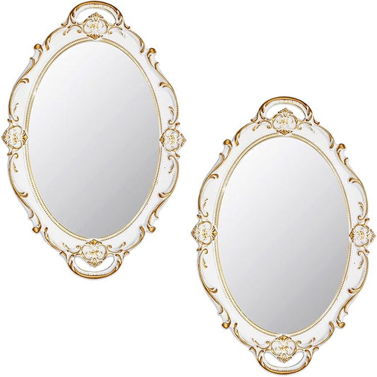 Eaoundm 14.5 x 10 inchs Oval Antique Decorative Wall Mirror Vintage Hanging Mirror (White 2 Pcs)