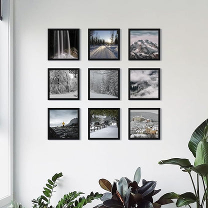 YESKAY 12x12 Picture Frame Set of 9, Photo Gallery Wall Frame Set, Display Pictures 8x8 with Mat or 12 x 12 Without Mat, Square Frame Picture Frames Collage Wall Decor, Black