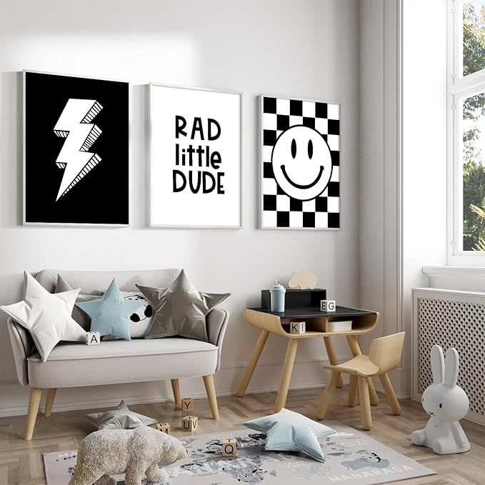 Boys Room Wall Art Decor Set of 3 Toddler Nursery Canvas Wall Art Baby Kids Wall Decor Black Checkered Smiley Poster Pictures Retro Playroom Rad Little Dud Art Prints for Bedroom 16x24 Inch Unframed