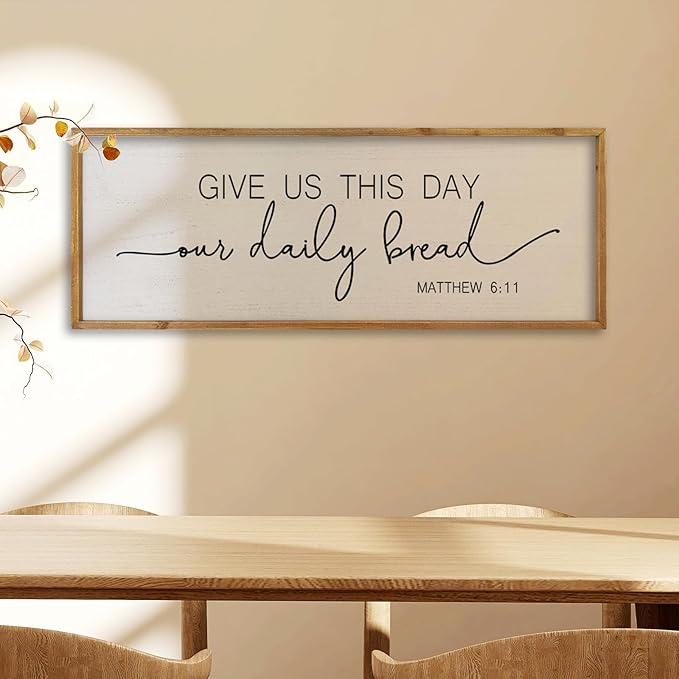 comurdyo Dining Room Wall Decor Give Us This Day Our Daily Bread Sign 32"x12" Religious Catholic Praye Matthew 6:11 Bible Verse Quotes Plaque Modern Simple Kitchen Dining Room Wall Hanging (Wood)