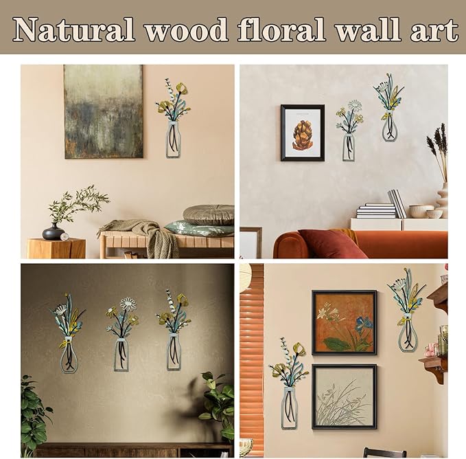 3-Piece Boho Wooden Vase Wall Art: Floral Decor for Modern Farmhouse Living Room, Bedroom & Bathroom