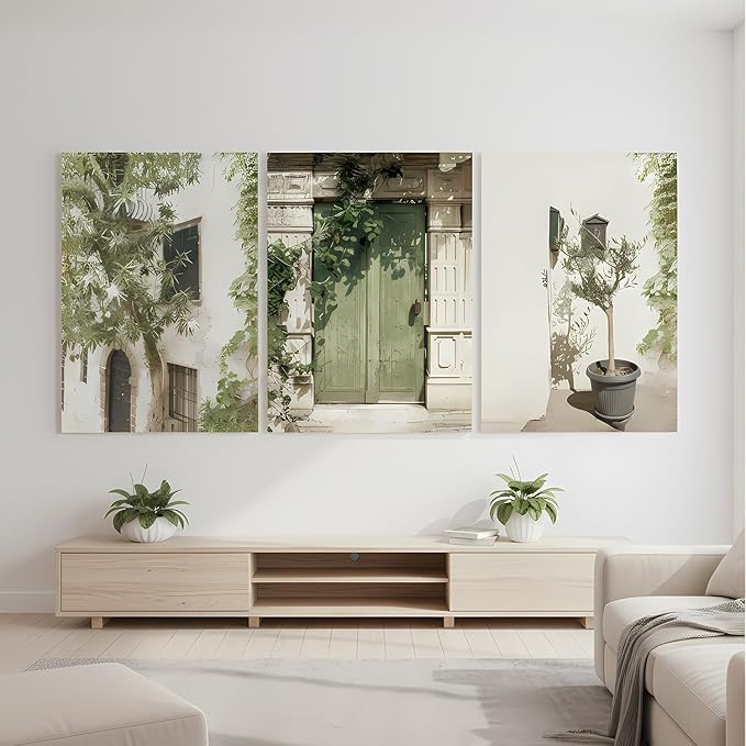 Yxjyzzkx Mediterranean Olive Green Wall Art Set of 3, Italy Courtyard Door Canvas Prints, Tuscany Landscape Triptych Wall Decor, Vintage European Canvas Art for Living Room Bedroom Office, 12x16 Inch