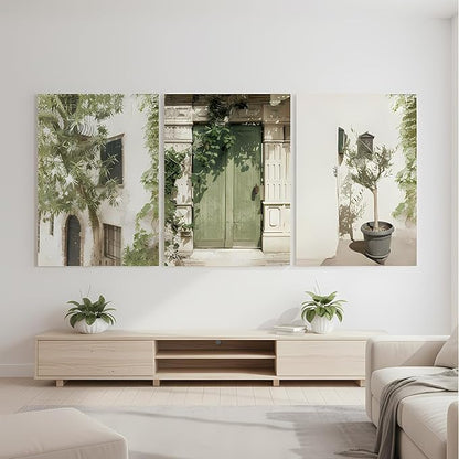 Yxjyzzkx Mediterranean Olive Green Wall Art Set of 3, Italy Courtyard Door Canvas Prints, Tuscany Landscape Triptych Wall Decor, Vintage European Canvas Art for Living Room Bedroom Office, 12x16 Inch