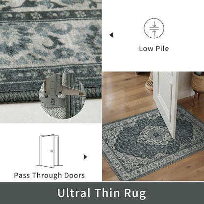 Tangsoo Vintage 2x6 Washable Runner Rug for Hallways,Grey Green Non-Slip Low Pile Long Rug Runner,Floral Soft Indoor Carpet Runner for Kitchen Bedroom Entryway Laundry