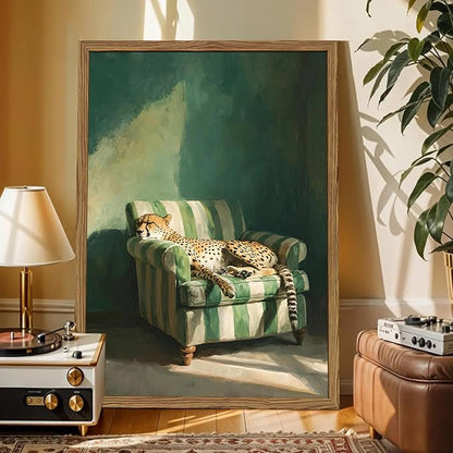Framed Funny Leopard Canvas Wall Art, Vintage Sleeping Cheetah on Sofa Pictures Wall Decor, Eclectic Animal Paintings Canvas Prints Whimsical Home Decor for Living Room Bedroom 12x16 inch
