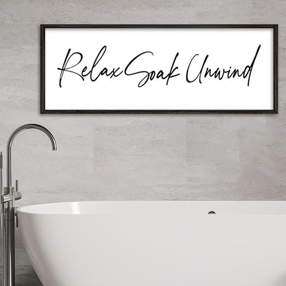 Relax Soak Unwind Wall Decor Art 32"X12" Bathroom Sign Shower Room above the Bathtub Large Wood Framed Wall Hanging (Black)