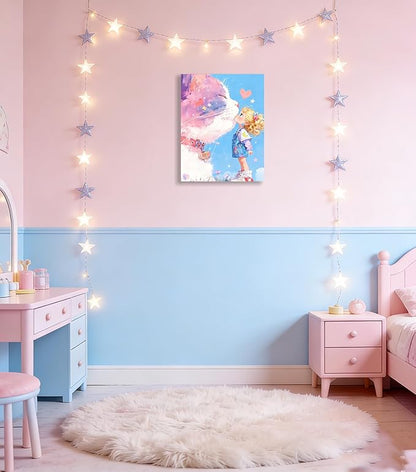 12x16 Giant Pink Cat Kissing Little Girl Canvas Wall Art - Cute Whimsical Kids Kawaii Girl Cat Poster, Pastel Dreamy Nursery Wall Decor, Framed Cartoon Animal Artwork for Bedroom Bathroom Living Room