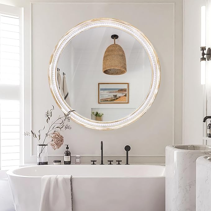 HOITUZYUS 36 Inch Farmhouse Round Wood Mirror, Rustic Boho Circle Decorative Mirrors for Bathroom, Living Room, Entryway, Bedroom, Hallway