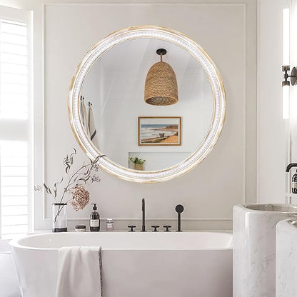 HOITUZYUS 36 Inch Farmhouse Round Wood Mirror, Rustic Boho Circle Decorative Mirrors for Bathroom, Living Room, Entryway, Bedroom, Hallway