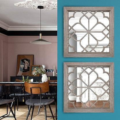 Wocred Set of 2 Farmhouse Square True Mirrors,Vintage Style Barn Wood Wall Decor, Accent Mirrors for Bathroom Renovation,Bedrooms,Living Rooms (12”x12”)