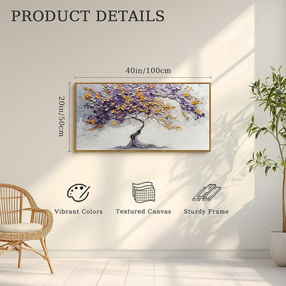 crmotu Tree of Life Framed Wall Art Large Artwork, Purple Gold Tree Abstract Art Prints, Nature Plant Aesthetic Canvas Art Wall Decor Living Room Bedroom, Zen Spiritual Home Decor Paintings 20x40inch