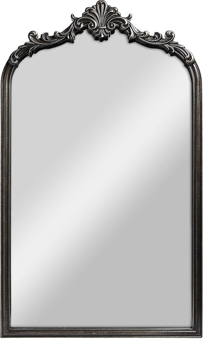 Wylde Iris English Estate Carved Arch Wood Wall Mirror, Mirror for Entryway, Living Room, Bathroom, Distressed Black, 20.4x33