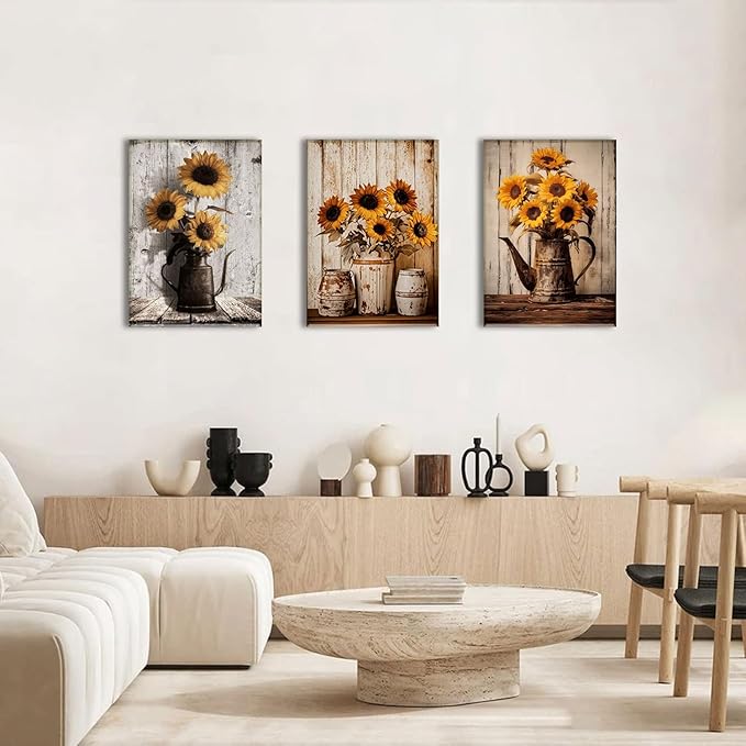 AOYUSMO 3 Piece Sunflower Wall Art Rustic Vintage Floral Canvas Wall Art Flower in Pitcher Pictures Wall Decor Farmhouse Art Prints for Kitchen Living Room Bedroom 16"x24" Framed