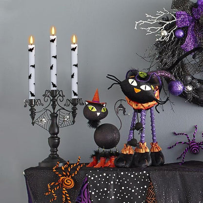 Halloween Flameless Taper Candles Battery Operated with Remote and Timer, Real Wax 3D Wick Flickering LED Taper Candle Bats Decals Dinner Table Halloween Decor(4 Pack, 0.78”D x 9.64”H)
