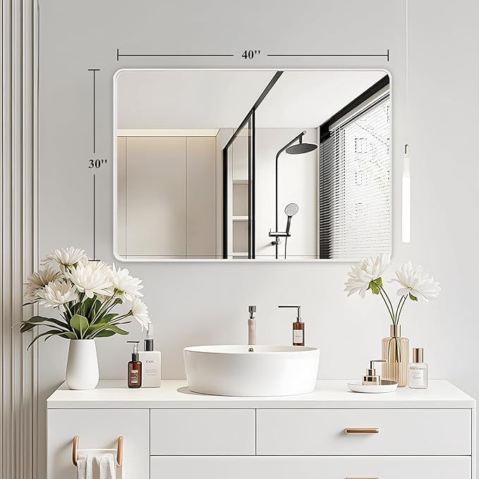 Fabuday Bathroom Mirror 40x30 Inch, White Wall Mirror for Over Sink with Brushed Metal Frame, Rectangular White Vanity Mirror for Decor, Horizontal or Vertical Hanging, Heavy-Duty Hooks