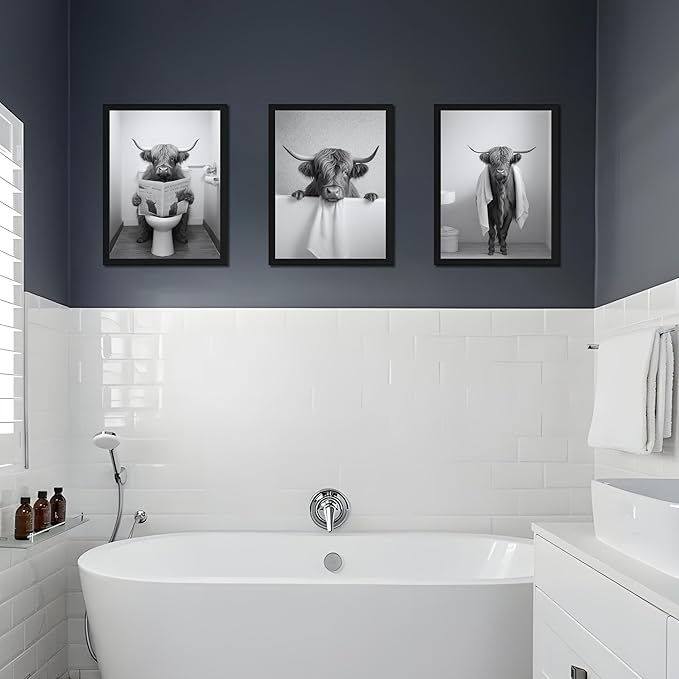 Black Wood Framed Funny Bathroom Highland Cow Wall Art, Black and White Cute Cow Animal Canvas Wall Decor Paintings Set of 3, Vintage Rustic Farmhouse Posters Prints for Bathroom Restroom 16x24 Inch