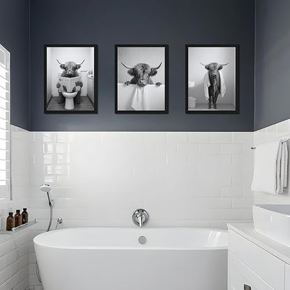 Black Wood Framed Funny Bathroom Highland Cow Wall Art, Black and White Cute Cow Animal Canvas Wall Decor Paintings Set of 3, Vintage Rustic Farmhouse Posters Prints for Bathroom Restroom 16x24 Inch
