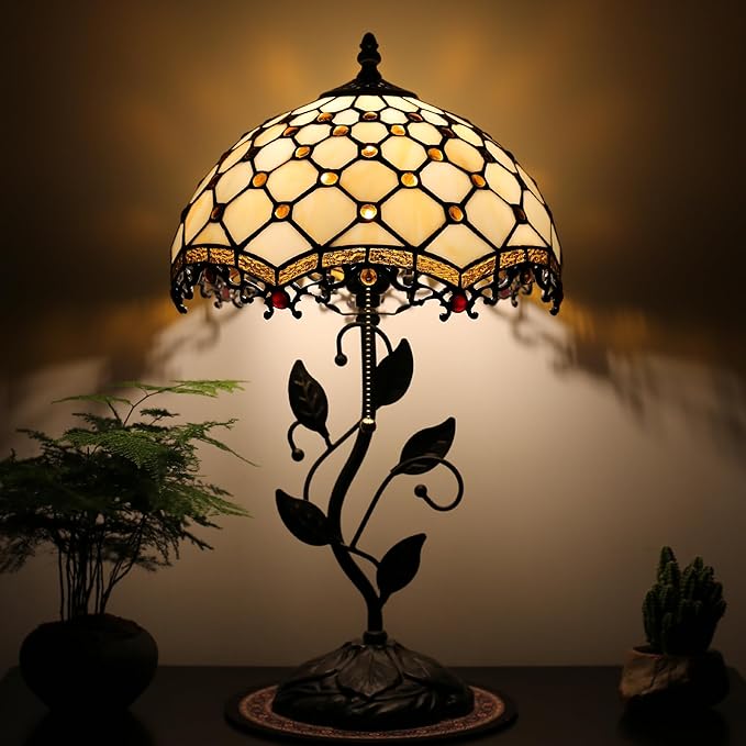 Tiffany Lamp Stained Glass Style Table Lamp Beads Style Bedside Desk Reading Light W12H19 Inch Metal Leaf Base with Metal Leaf Base