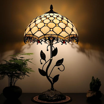 Tiffany Lamp Stained Glass Style Table Lamp Beads Style Bedside Desk Reading Light W12H19 Inch Metal Leaf Base with Metal Leaf Base