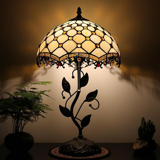 Tiffany Lamp Stained Glass Style Table Lamp Beads Style Bedside Desk Reading Light W12H19 Inch Metal Leaf Base with Metal Leaf Base