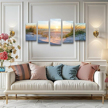 Canvas Wall Art For Living Room Large Size Wall Decor For Bedrooms Beach Grass Blue Ocean Landscape Painting Office Wall Decorations Seascape Print Canvas Pictures Artwork Home Decor Works 5 Piece