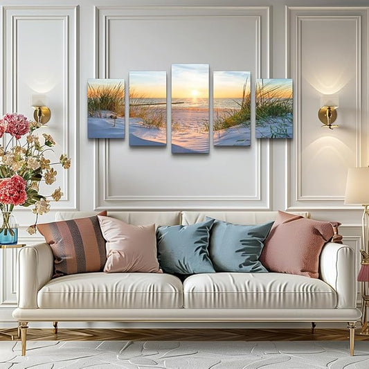 Canvas Wall Art For Living Room Large Size Wall Decor For Bedrooms Beach Grass Blue Ocean Landscape Painting Office Wall Decorations Seascape Print Canvas Pictures Artwork Home Decor Works 5 Piece