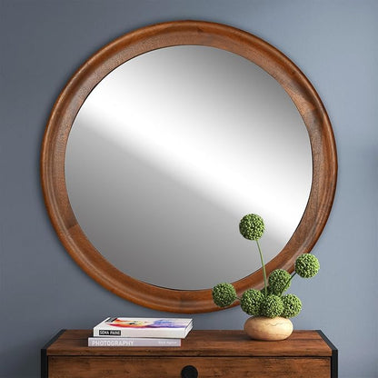 CULER Round Wall Mirrors 30 Inch,Wood Rustic Decorative Transitional Mirror with Walnut Frame for Wall,Farmhouse Hanging Vanity Mirror for Bathroom Bedroom Living Room or Entryway（Rustic Brown）