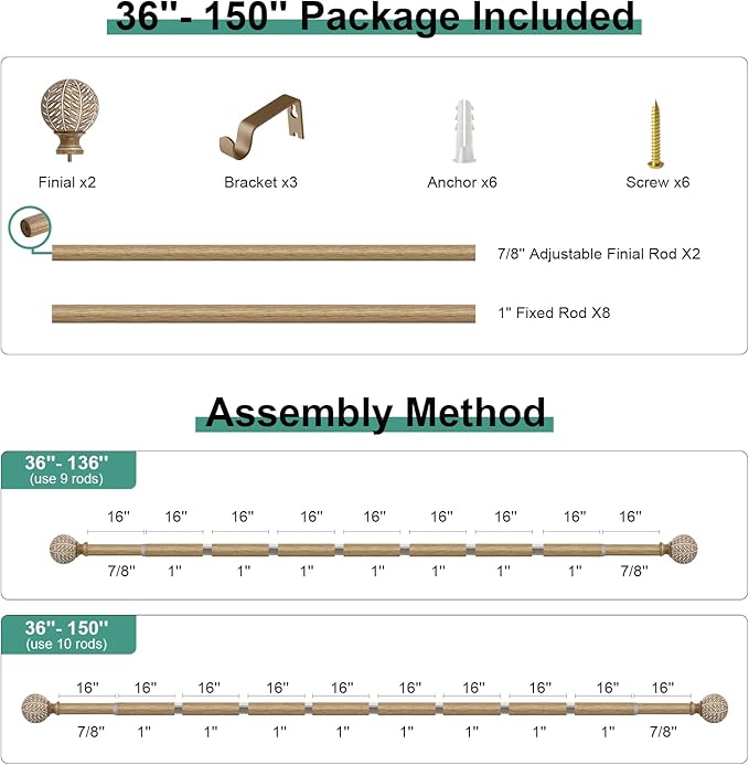 QDWIS Wood Curtain Rods for Windows 72 to 144 Inch,1'' Diameter Drapery Rods with Imitation Wood Grain Leaf Pattern Finials,Boho Adjustable Heavy Duty Curtain Rods Set,36-150'',Color:Weathered Wood