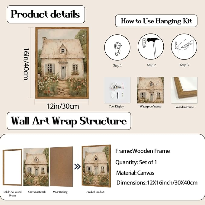 Vintage French Country Wall Art, Modern Farmhouse Wall Decor Painting, Rustic Cottage House Poster Canvas Prints Countryside Landscape Artwork for Bedroom Living Room 12x16 inch Wood Framed