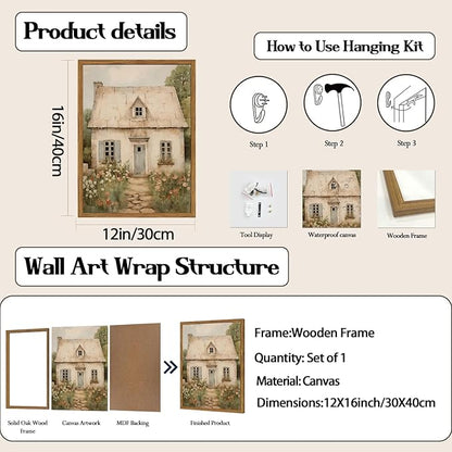 Vintage French Country Wall Art, Modern Farmhouse Wall Decor Painting, Rustic Cottage House Poster Canvas Prints Countryside Landscape Artwork for Bedroom Living Room 12x16 inch Wood Framed