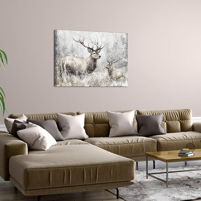 LevvArts Deer Canvas Wall Art Vintage Elk Painting Prints Rustic Farmhouse Kitchen Decor Wildlife Artwork Framed Ready to Hang (Large)