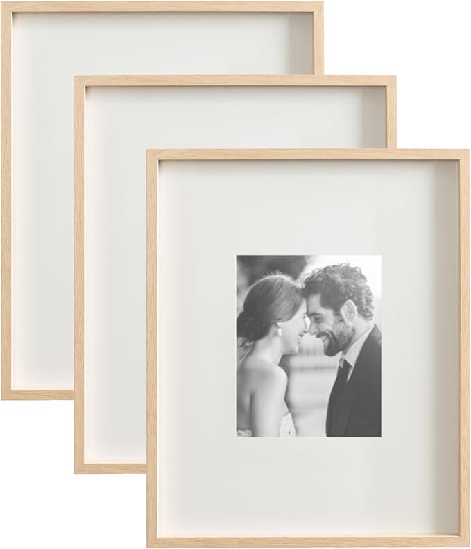 Kate and Laurel Gibson Modern Wall Picture Frame Set of 3; 16x20 matted to 8x10; Natural; Three-Piece Frame Set for Gallery Wall Frame Set in Living Room Wall Decor