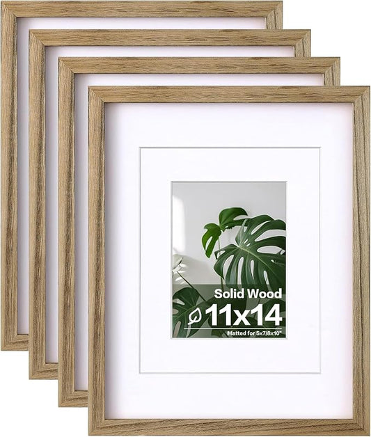 Egofine 11x14 Picture Frames with Plexiglass, Display Pictures 5x7/8x10 with Mat or 11x14 Without Mat Set of 4 for Tabletop and Wall Mounting, Carbonized Brown
