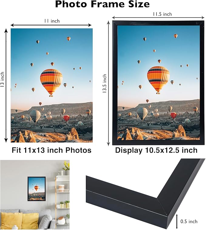 JCJMY 11x13 Black Picture Frame Set of 6, Horizontal and Vertical Formats for Wall Hanging, 11 x 13 Wall Gallery Poster Photo Frames with Shatter Resistant Plexiglass, 6 Pack, Black