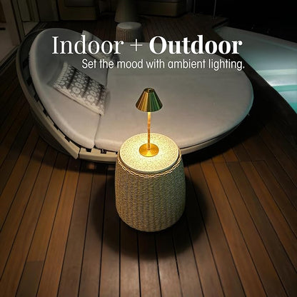 Bamboo Cordless LED Table Lamp – Rechargeable 24-Hour Battery, Dimmable Warm Light, 15" Portable Wireless Lamp with Remote for Indoor/Outdoor Use, Home, Patio, Restaurant – Polished Gold
