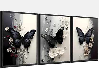 Pormipone 3 Pcs Black Butterfly Canvas Wall Art, White Flower Wall Decor, Butterfly Picture for Wall Living Room Bathroom Bedroom Home Decoration 16 * 24 in (Poster No Frame)