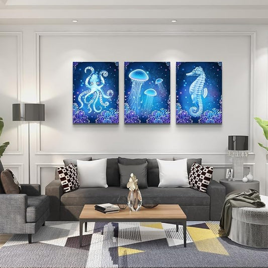 Lapremoly Blue Ocean Animal Seascape Canvas Prints Wall Art Paintings For Bedroom Framed Wall Decor for Living Room Ready To Hang Bathroom Wall Pictures Modern Home Decoration Artworks 3 Pieces
