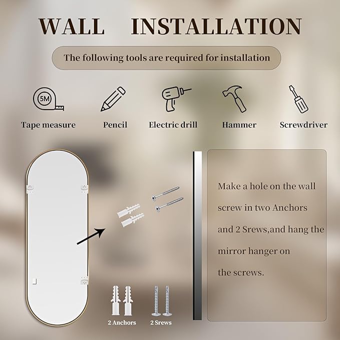 Oval Full Length Mirror, 55"×18" Wall-Mounted Mirror with Gold Frame, Ultra-Clear Explosion-Proof Dressing Mirror, Simple and Classic Deco for Cloakroom/Bedroom/Living Room